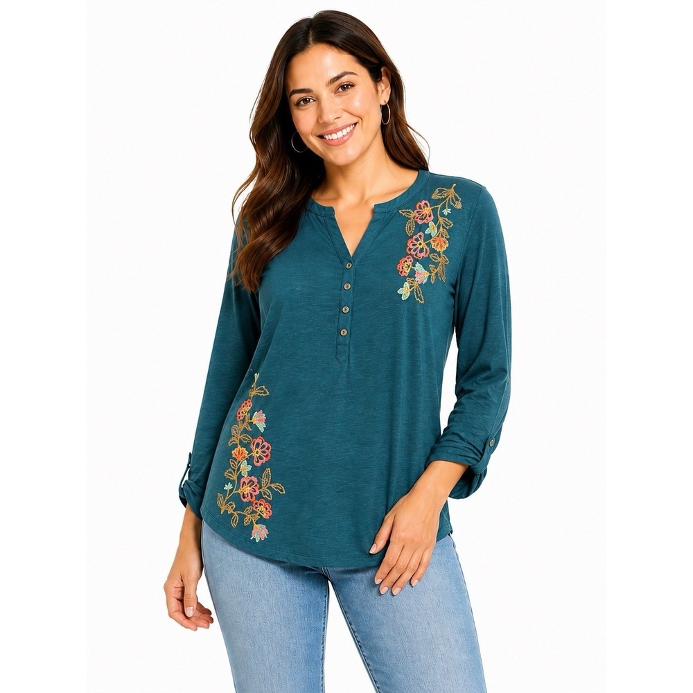 SONOMA Goods for Life Medium Teal Blue Embroidered Long Sleeve Henley Shirt